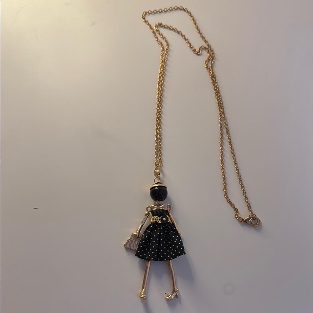 Antique Chic Gold and Black Doll Pendant Necklace